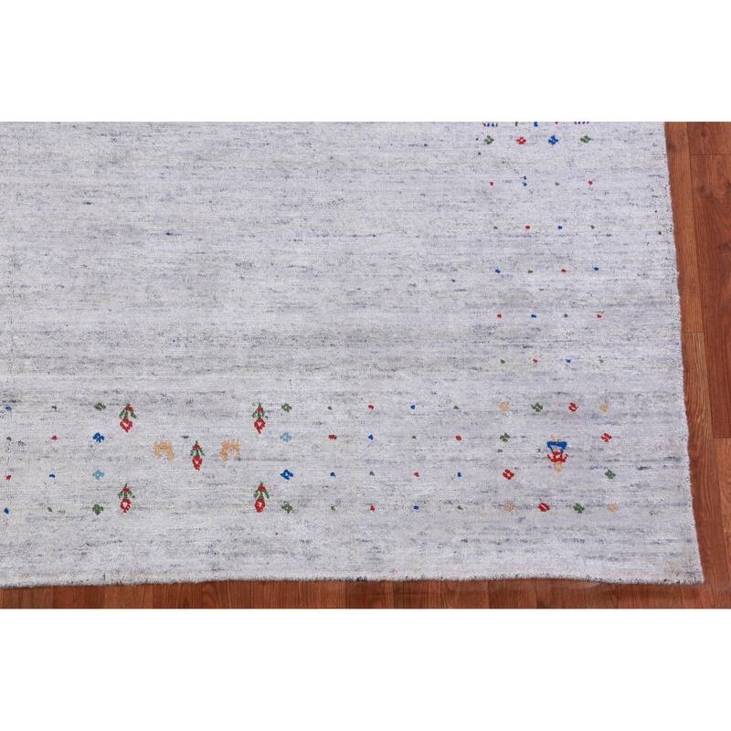 Hand Knotted Oriental Viscose Silk Carpet Tribal Stripe Greys & Charcoal Gabbeh Area Rug - 9' 8'' X 8' 2''