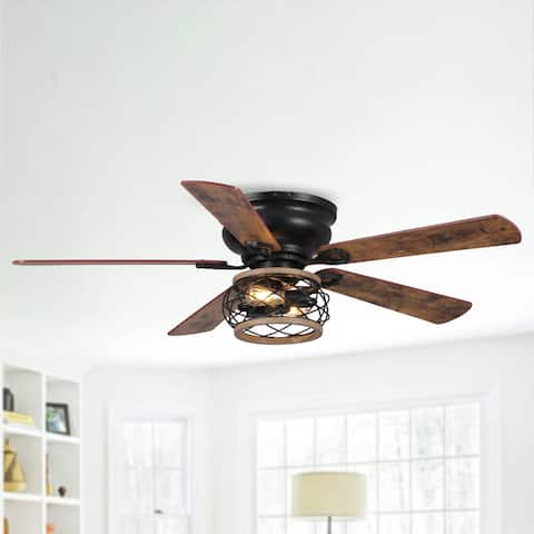 48" Farmhouse Wooden 5-Blade Flush Mount Ceiling Fan with Light Kit and Remote