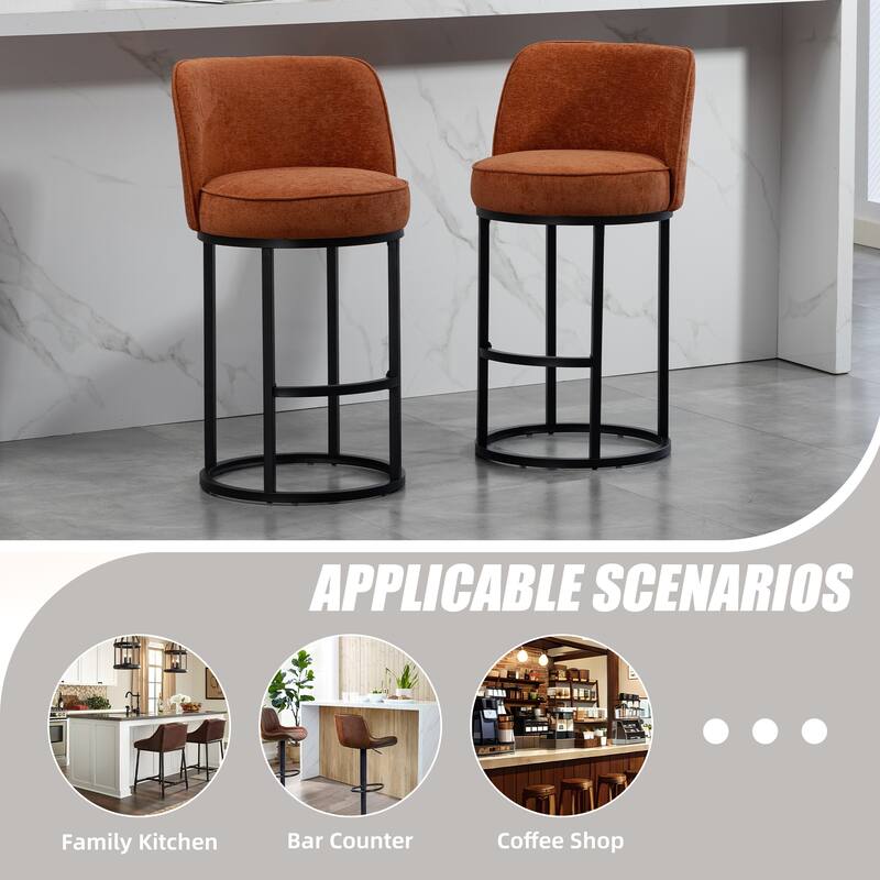 Counter Height Bar Stools Set of 2, Modern Barrel Counter Stools with Backrest, Linen Fabric Upholstered Accent Bar Stools
