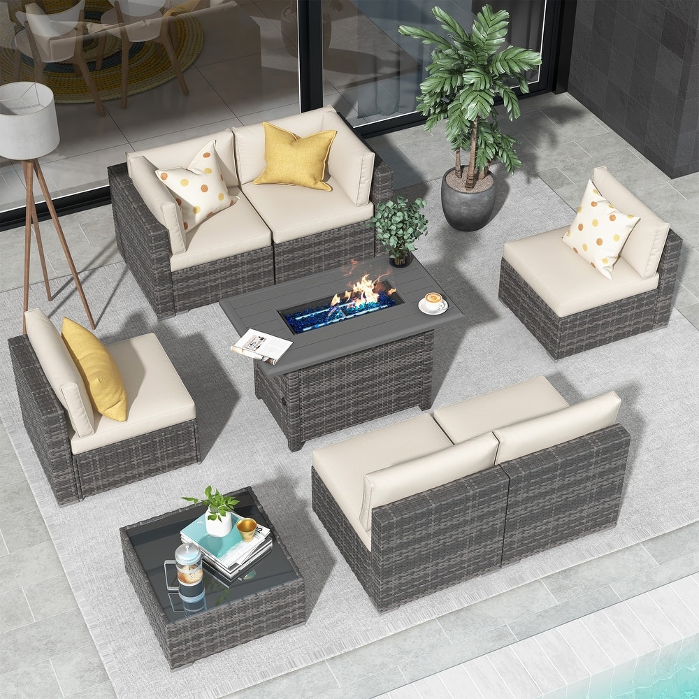 Outdoor 8 Pieces Sectional Wicker Sofa Set with Fire Pit