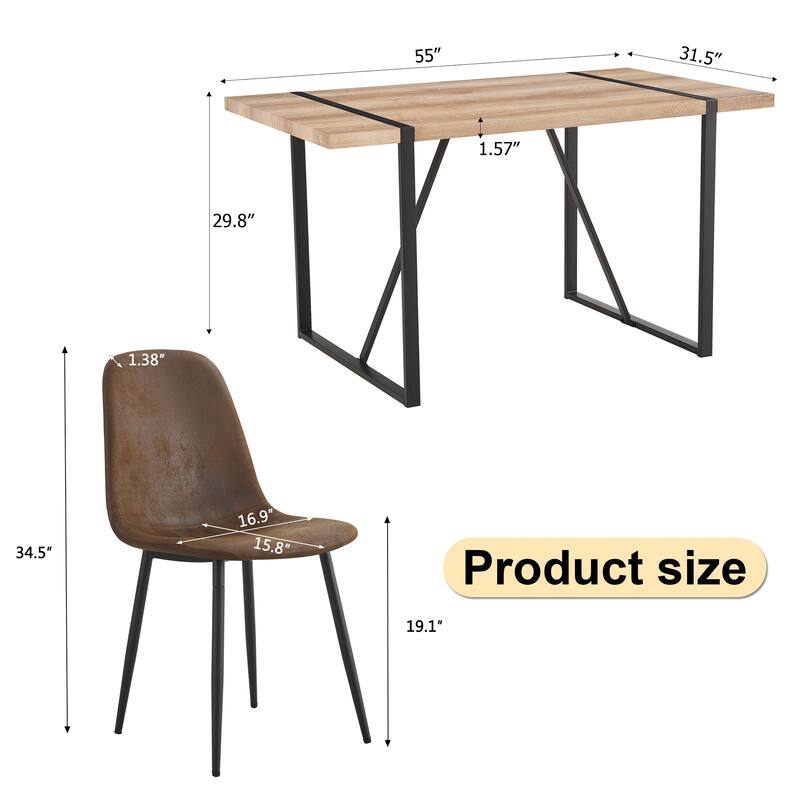 5-Piece Modern Medieval Dining Table Set with 4 Upholstered Chairs, Rustic Industrial Wood Dining Table for Dining Room