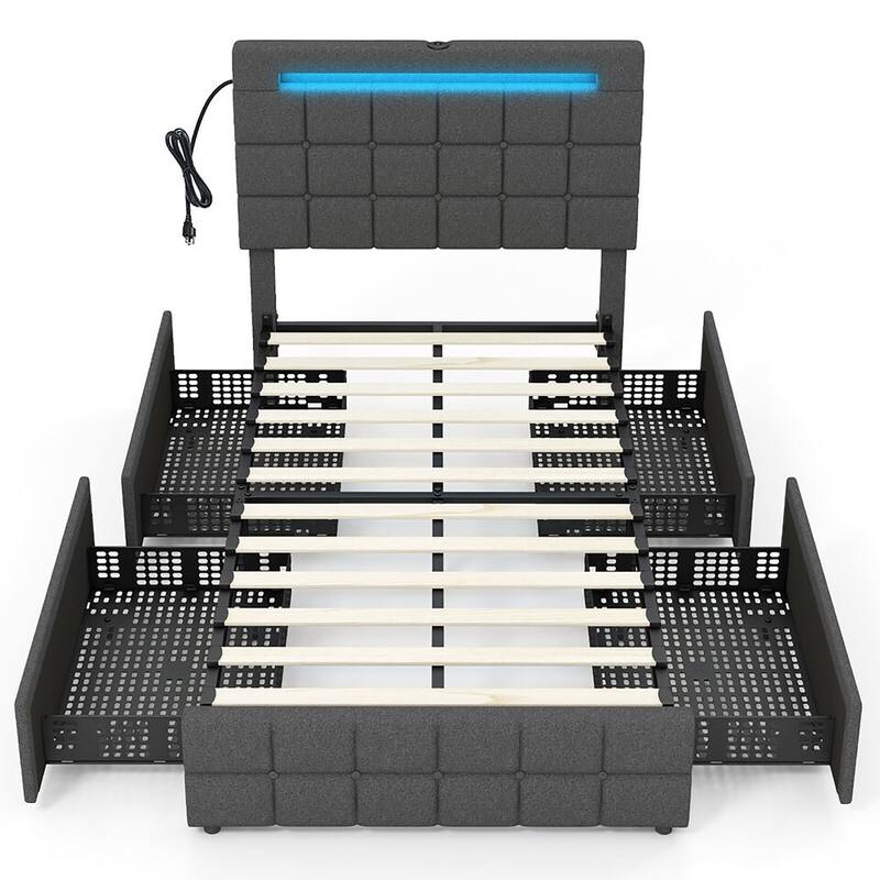 Gymax Twin Upholstered Platform Bed with LED Headboard Charging