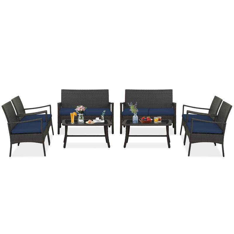 4/8PCS Patio Rattan Wicker Furniture Set Cushioned Armrest & Table - 8 PCS