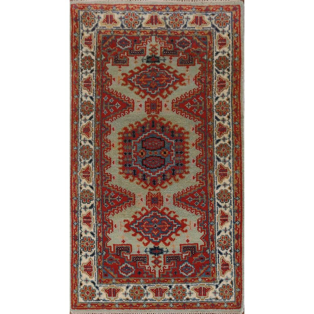 Green Geometric Viss Indian Rug Hand-Knotted Wool Carpet - 2'11" x 5'2"