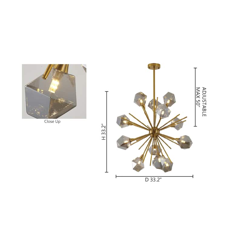 12-Light Gold Metal Chandelier With Smoke Glass Shades