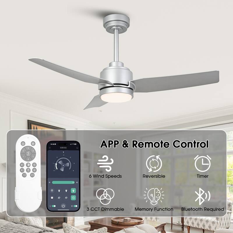Vaczon 42-inch Modern Silver 3-Blade DC Motor Smart Ceiling Fan with LED Light and APP