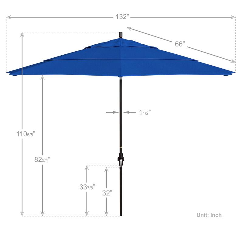 California Umbrella 11' Sun Master Patio Umbrella Bronze Aluminum Pole Fiberglass Ribs Crank Lift Tilt Olefin Royal Blue