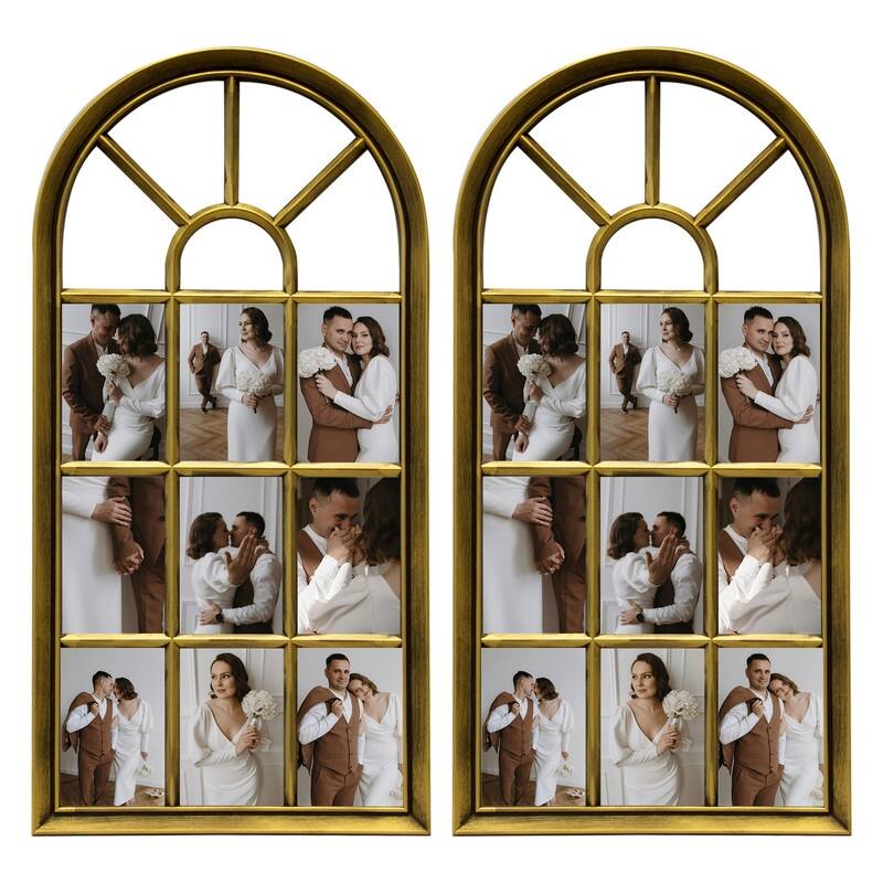 Gallery Distressed Arched Window Pane Wall Hanging Decorative Photo Collage Picture Frame - Gold set 2