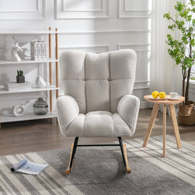 Mid Century Modern Teddy fabric Tufted Upholstered Rocking Chair Padded Seat for Living Room Bedroom