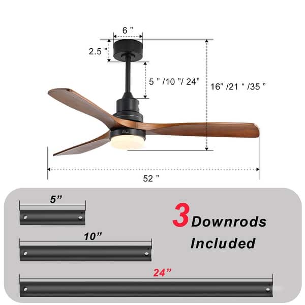dimension image slide 3 of 6, 52" and 60" Noiseless Walnut Wood Ceiling Fan with Remote Control,Light Integrated Optional - 52 Inch