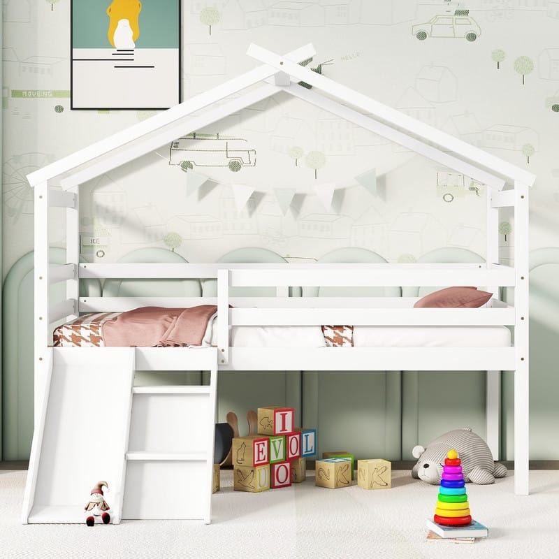 Twin Low Loft House Bed with Slide,Ladder and Safety Guardrails