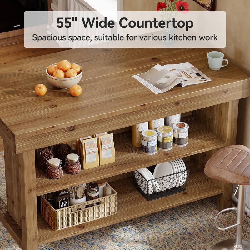 3-Tier 55 Inch Island, Solid Wood Farmhouse Center Island Table
