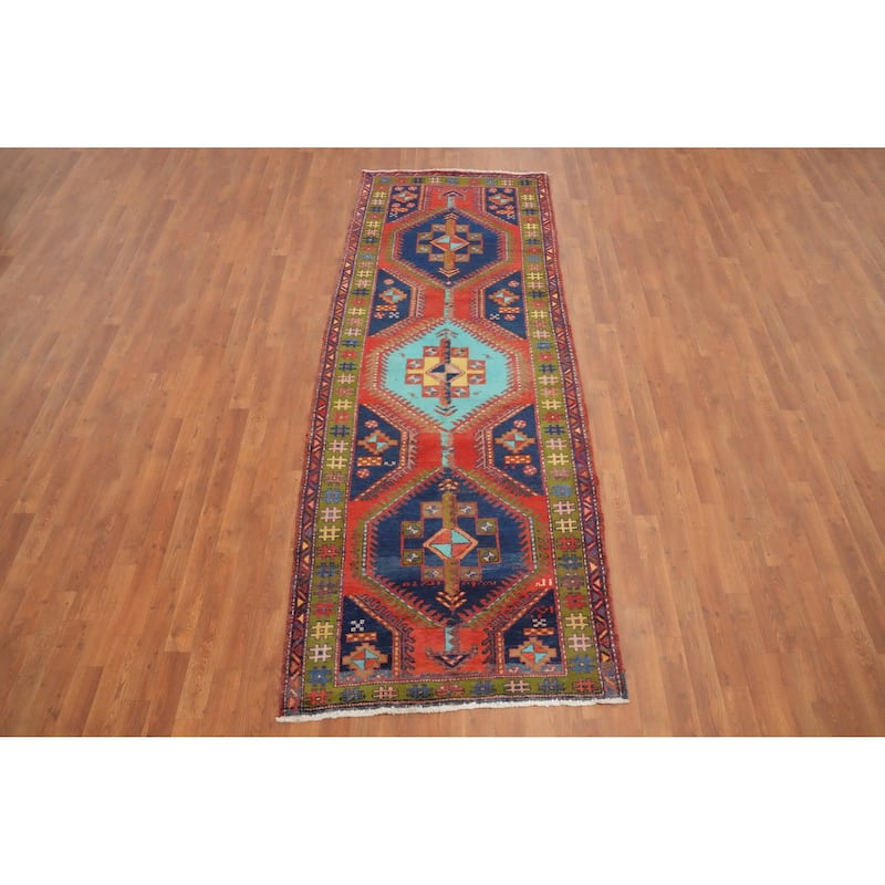 Hand Knotted Oriental 100% Wool Carpet Traditional Tribal Navy Blue & Blues Heriz Runner Rug - 9' 7'' X 3' 6''