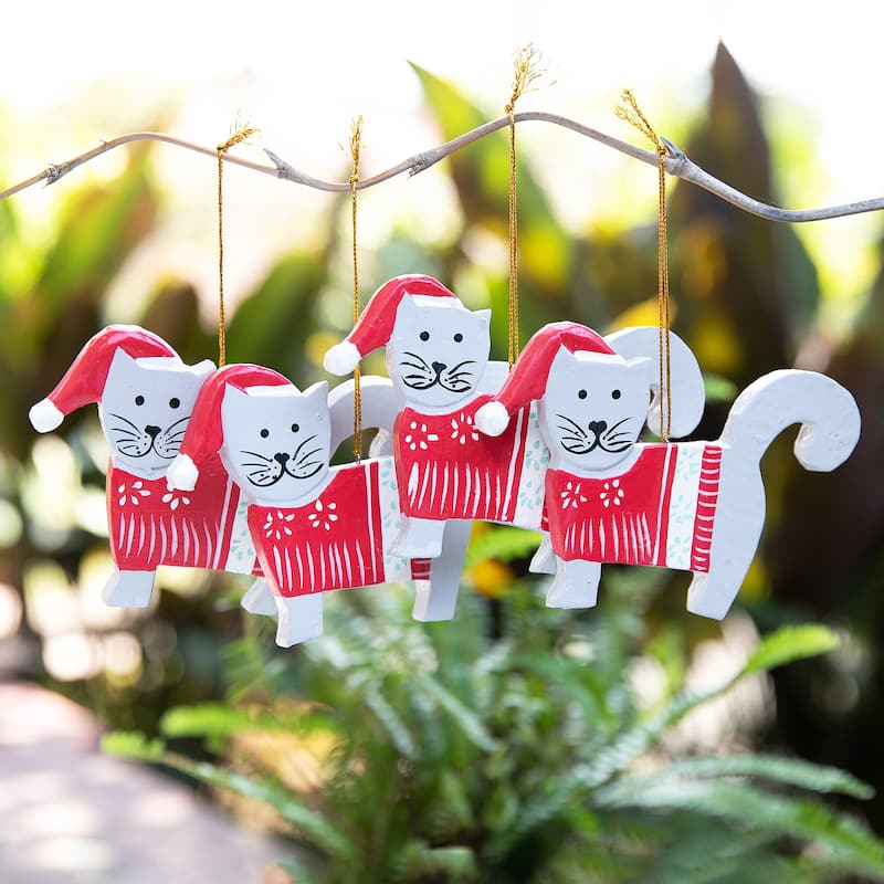 Novica Handmade Santa Felines Wood Holiday Ornaments (Set Of 4)
