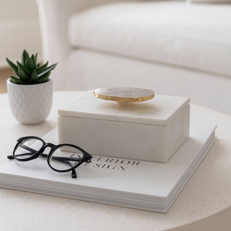 Marble Agate Top Lidded Storage Box - White/Gold - 6" x 4" x 3.25"
