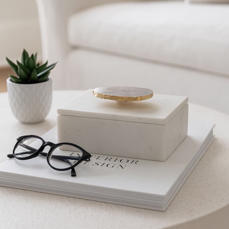 Marble Decorative Box with Agate Handle and Lid - 6" x 4" x 3"