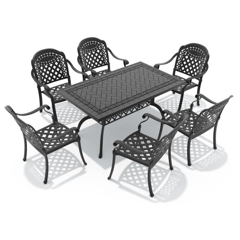 5/7-Piece Cast Aluminum Outdoor Dining Set with 59.06'' L X 35.43'' W Rectangular Table and Seat Cushions