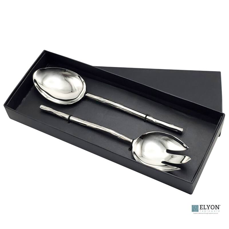 Elyon Twig Reflective Silver Salad Serving Set Indian Artisan-Made Hostess Set Hand-Forged Stainless Steel 2 Pieces