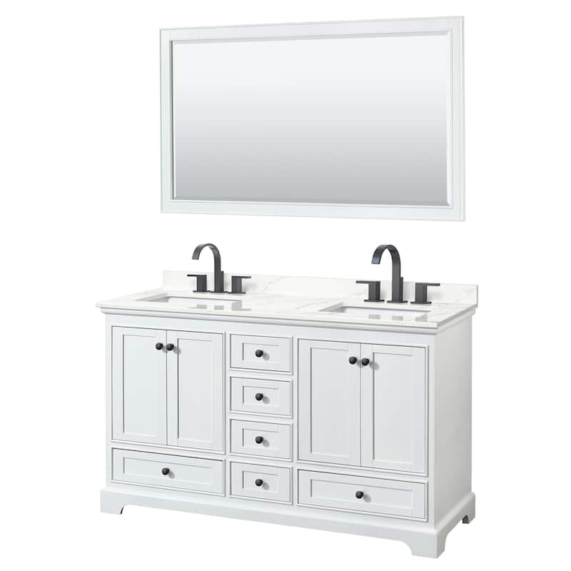Deborah 60-inch Double Vanity, Quartz Top, 58-inch Mirror - White, Black Trim, Giotto Quartz Top