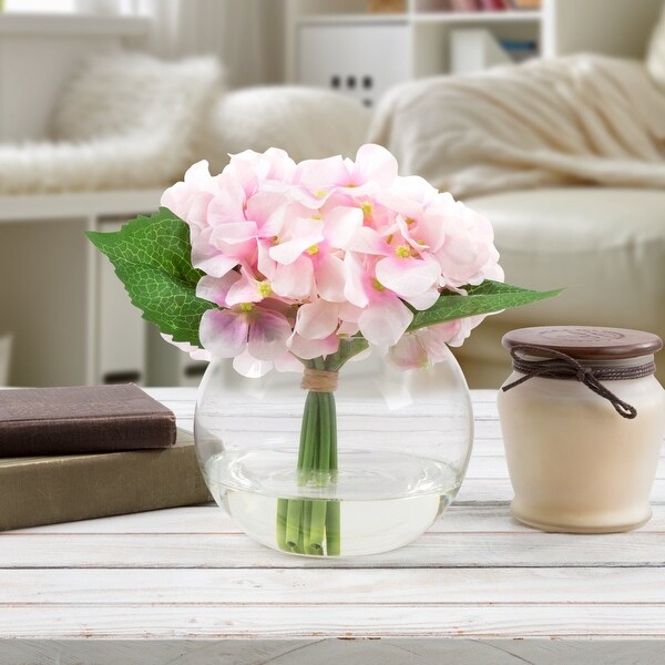Glass Round Vase Artificial Hydrangea Floral Table Decor Centerpiece 7.5 Inch Wedding