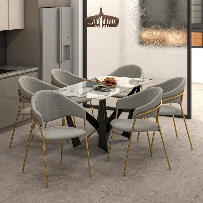LeisureMod Bella Modern Mid-Century Leather/Velvet Dining Chair in Gold Stainless Steel Armchair for Home & Kitchen Banquet