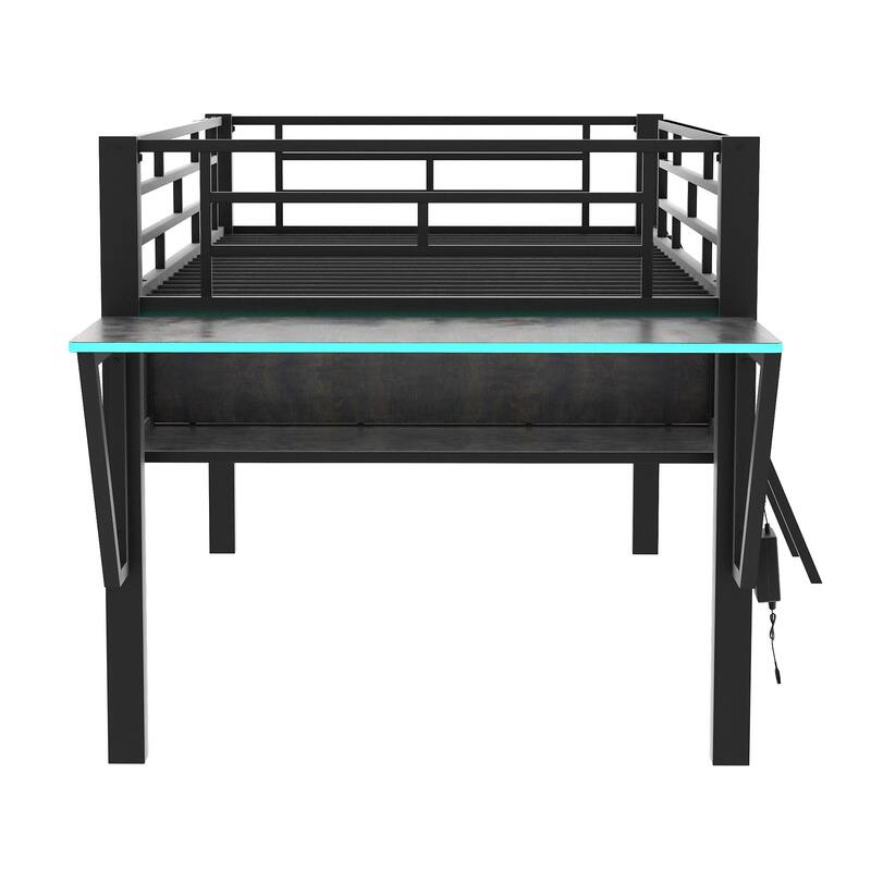Mid Loft Gaming Bed with Desk, LED Lights, Twin Size, Black