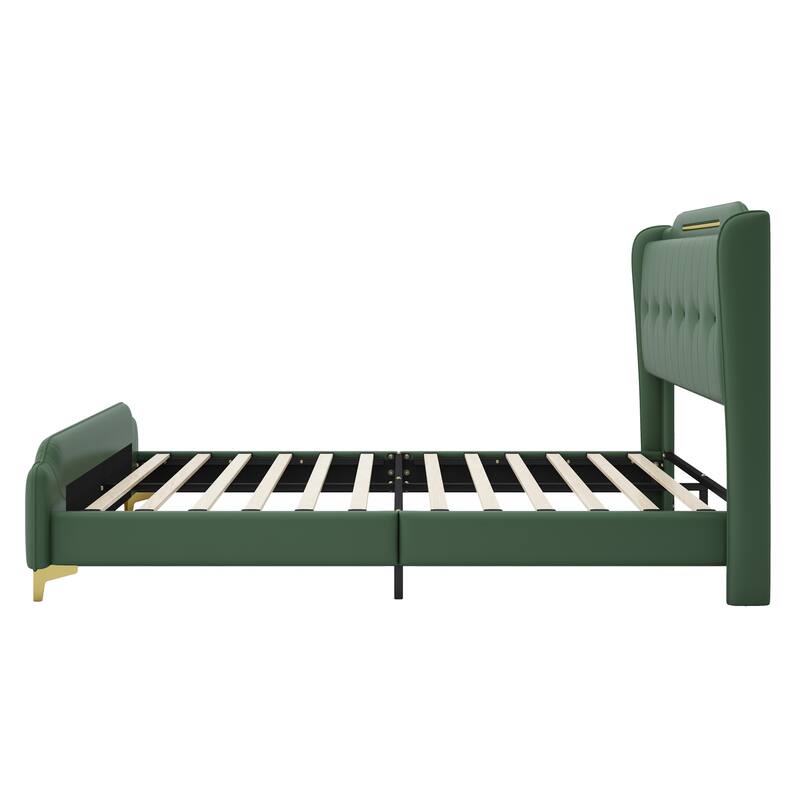 PU Upholstered Queen Size Leather Bed frame with Wingback Headboard and Footboard