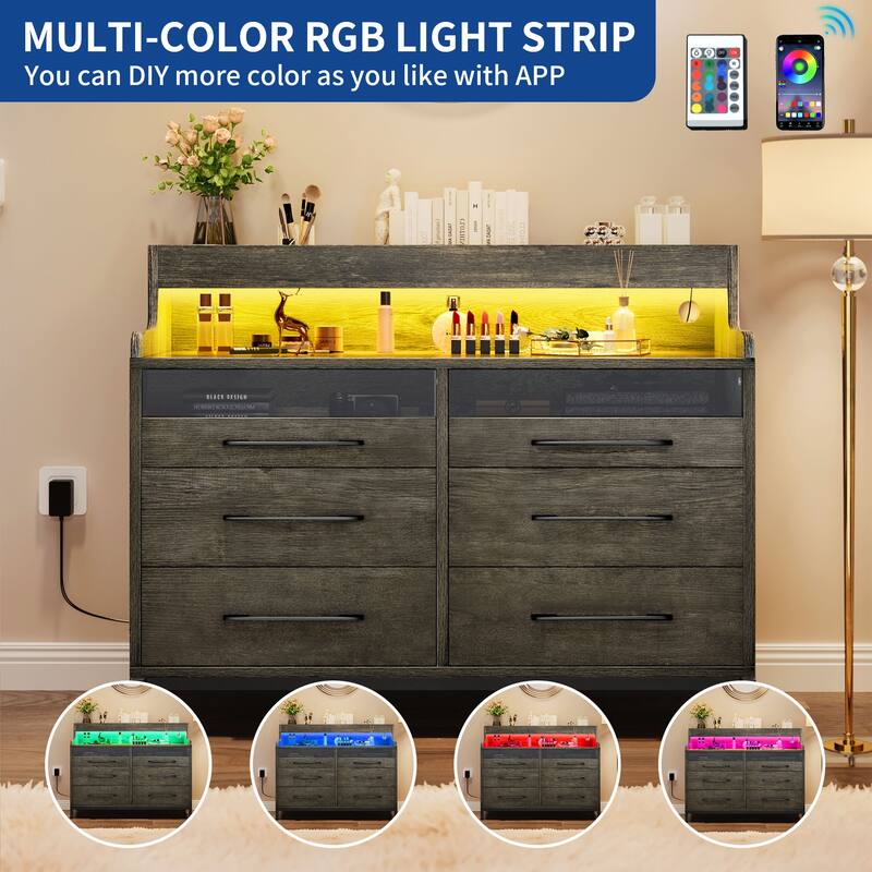 Moasis 6 Drawer Dressers & Chests of Drawers with LED Light Open Shelf Storage