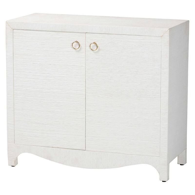 Ximena Grasscloth Storage Cabinet - 2-Door Woven Accent Cabinet with Gold Ring Pulls for Living Room, Bedroom, or Entryway - White, Gold