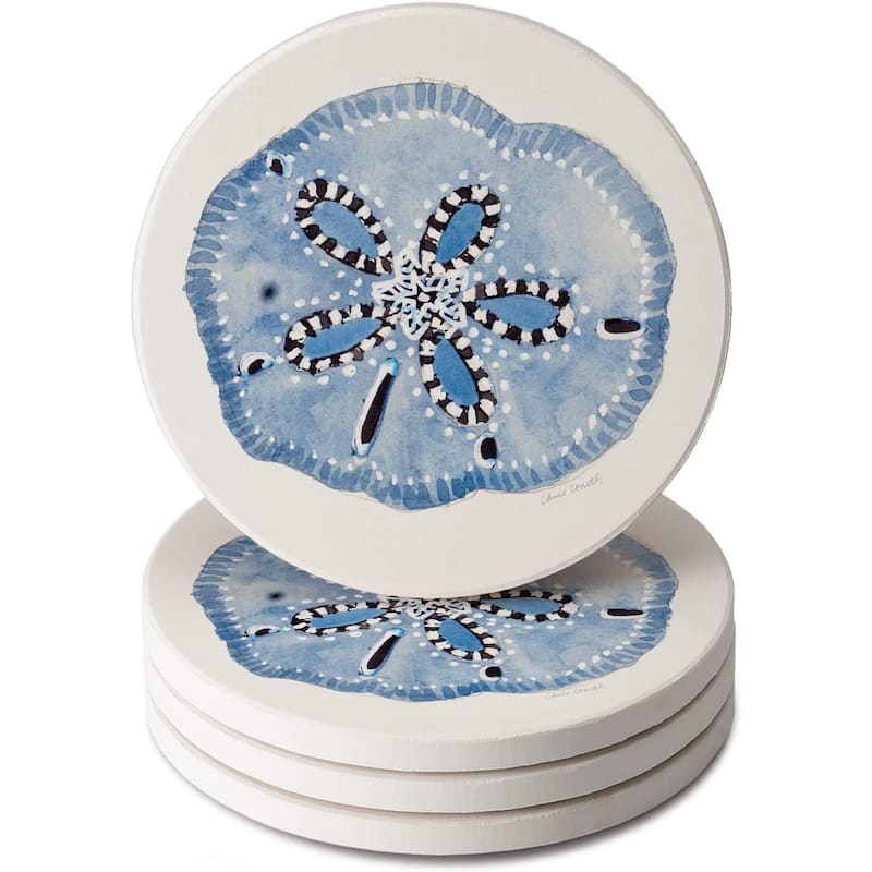 CounterArt Indigo Coastal - Sand Dollar Absorbent Stone Tumbled Tile Coaster Set of 4 Made in The USA Protective Cork Backing - Multi
