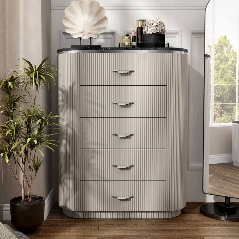 Furniture of America Leander Modern Light Gray Solid Wood 5-Drawer Storage Chest with Cultured Stone Top