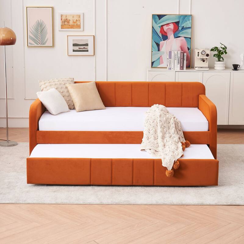 Twin Daybed with Trundle, Upholstered Velvet Frame, Space Saving Daybed Bed for Guest Room