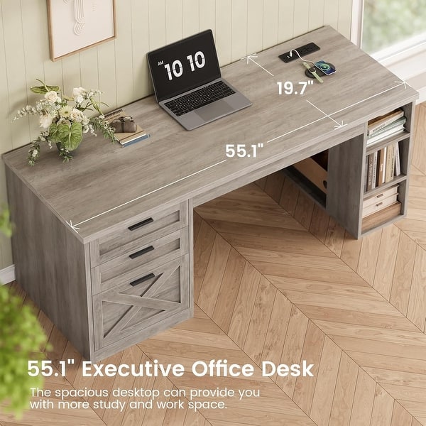 dimension image slide 5 of 30, Farmhouse Executive L Shaped Desk Home Office Desk with Drawers and Storage Cabinet & Power Outlet