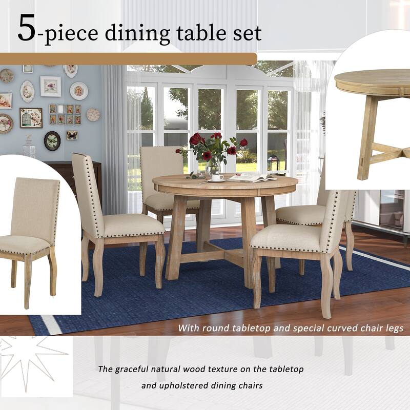 Natural Wood Wash 5-Piece Wooden Dining Table Set with Extendable Round Table & 4 Chairs