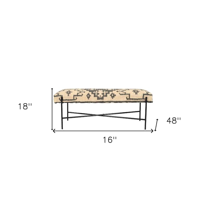 HomeRoots 48" Cream and Black Cotton Blend Upholstered Southwest Bench - 48' X '18' X '16