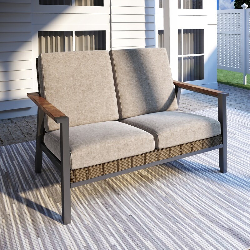 Rattan Two-seat Patio Chaise with Storage and Extending Side Tables