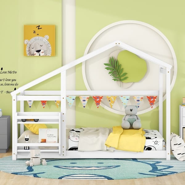 slide 2 of 9, Wooden Twin Size House Bed Frame for Kids, Twin Montessori Floor Bed White - Twin