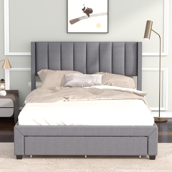 slide 2 of 14, Modern Style Upholstered Platform Bed with 3 Storage Drawers Grey - Full