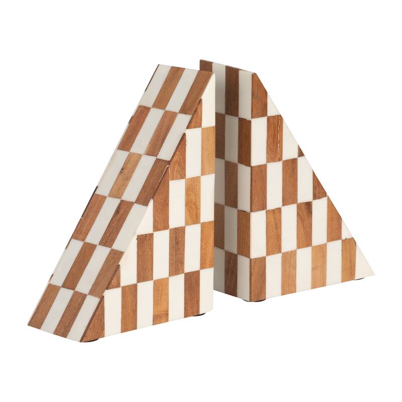 Decorative Resin Triangular Bookends with Checkered Pattern -7", Ivory - 7.0"