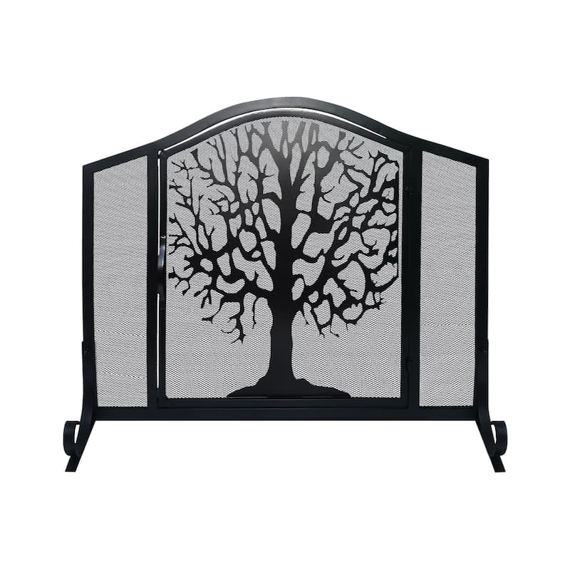 43 Inches 3 Panel Iron Fireplace Screen, Mesh Design, Arched Top, Tree of Life Art, Black