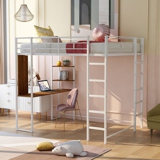 Multifunctional Design Loft Bed with Desk, Two-sided Ladder and Shelves, Efficient space, Full Size, White