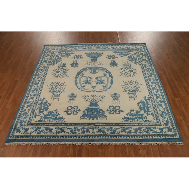 Hand Knotted Oriental 100% Wool Carpet Traditional Geometric Beige & Ivories Art Deco Area Rug - 7' 11'' X 8' 1''