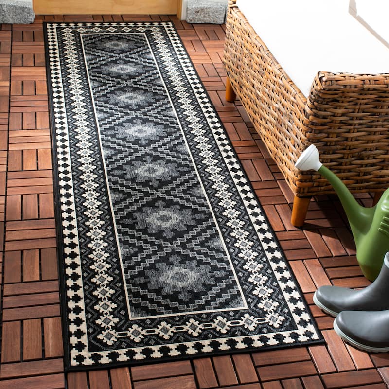 SAFAVIEH Veranda Eyvor Indoor/ Outdoor Waterproof Patio Backyard Rug - 2'3" x 8' Runner - Black/Creme