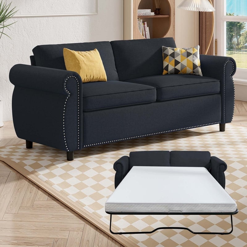 Mixoy Full/Queen Size Pull Out 2 in 1 Sleeper Sofa Bed with Mattress,Convertible Upholstered Loveseat with Nailhead - Full Size - Grey