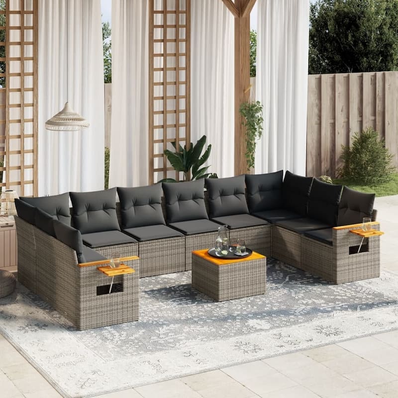 vidaXL Patio Sofa Set with Cushions Outdoor Conversation Furniture Poly Rattan - Grey with table - 21.7 x 21.7 x 14.6 in