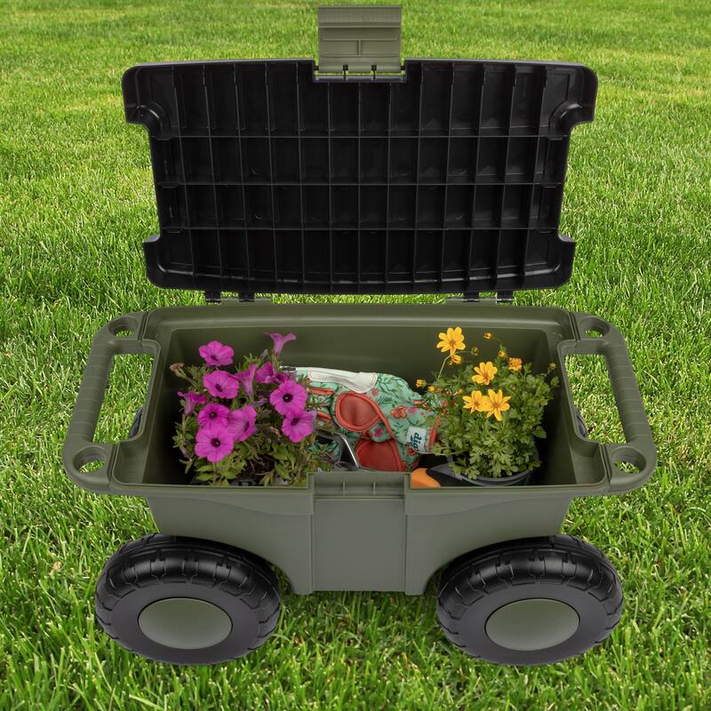 Rolling Garden Cart with Seat - Plastic Storage with Bench and Interior Tool Tray by Pure Garden (Green)