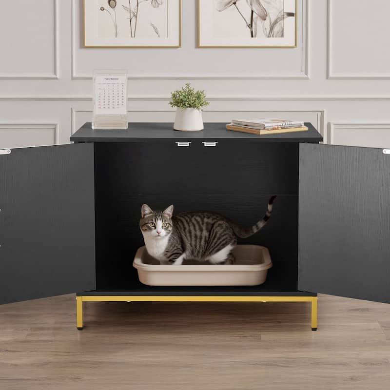 Black Cat Litter Box Cabinet with Enclosed Odor-Blocking Design Spacious Interior and Metal Legs - 27.56 x 17.72 x 21.46 in