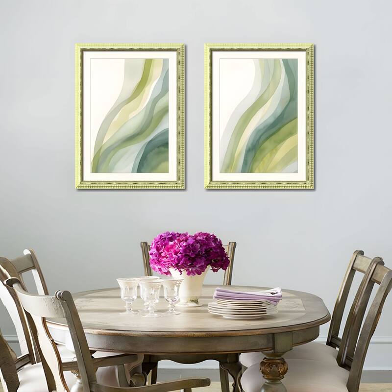 Set of 3 Abstract Green Framed Wall Art - Replaceable Canvas Prints with Solid Wood Picture Frames, Modern Wall Decor