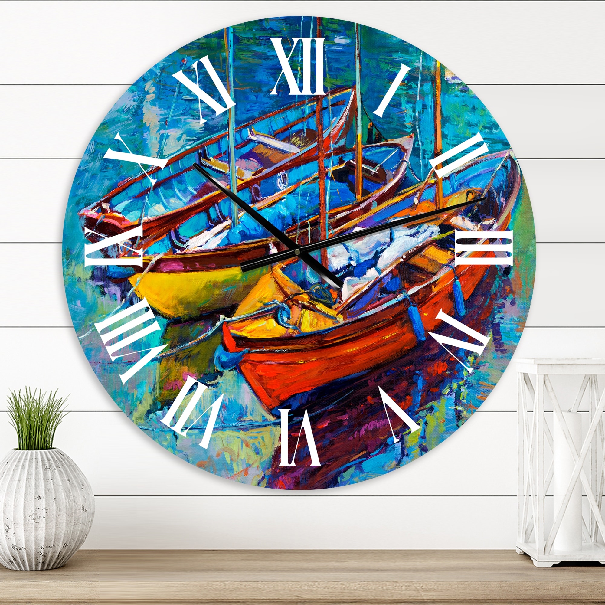 Designart 'Three Boats In The Harbor' Nautical & Coastal-image