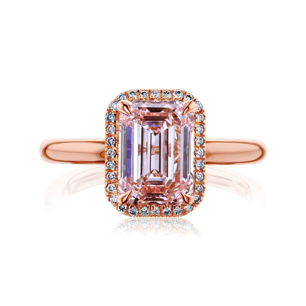 Kobelli 3.23 Carat Lab Fancy Intense Pink Diamond IGI Certified 18k Solid Rose Gold Emerald-cut Halo Comfort Fit Plain Band Ring